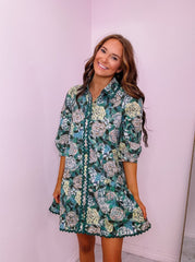 Green Floral Print Mini Dress with Ric Rac Trim