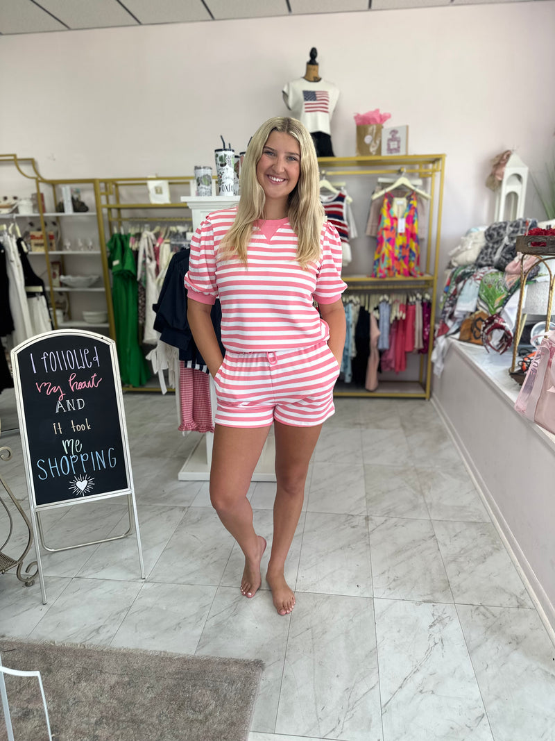 Pink Stripe Spring Puff Sleeve Shirt Matching Shorts Set|