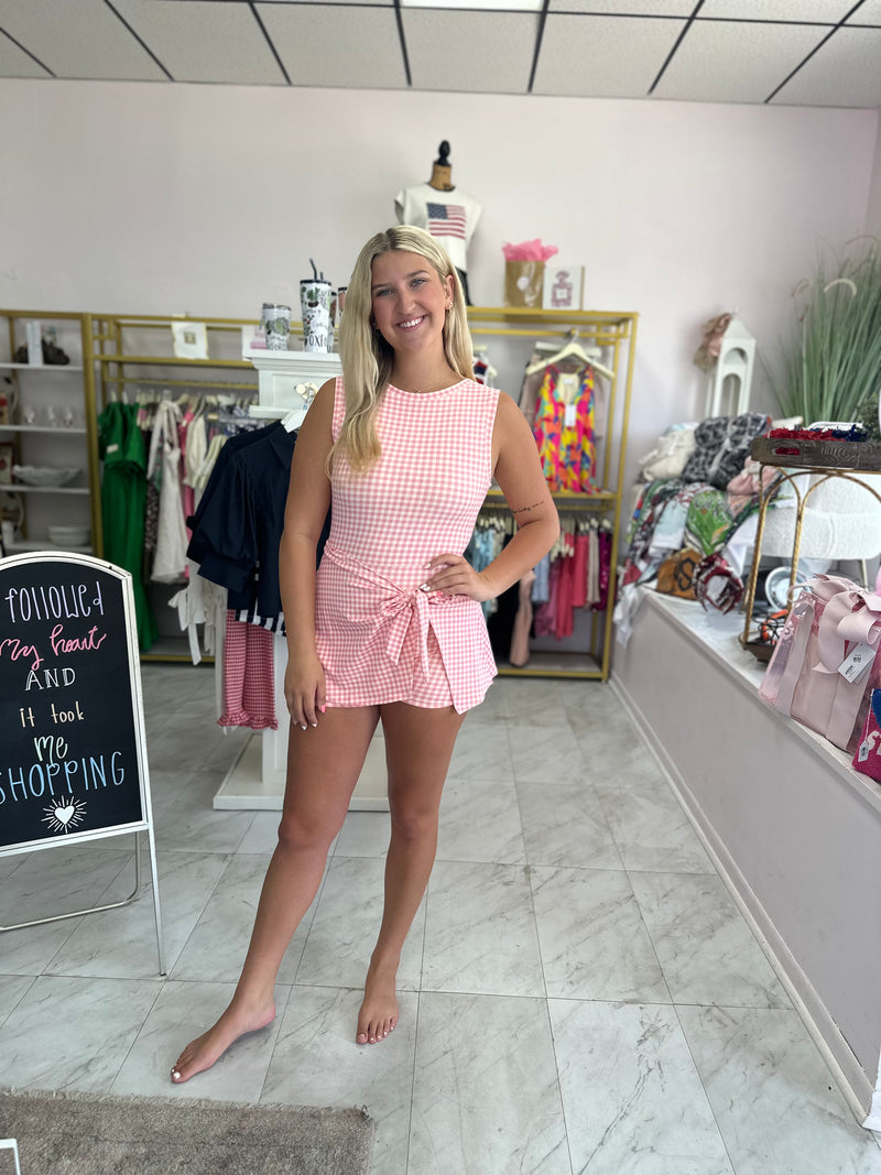 Pink Gingham Print Wrap Tie Dress