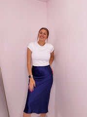 Elegant Satin Dusty Indigo Midi Skirt