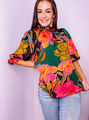 Floral Mock Neck Ruffled Blouse