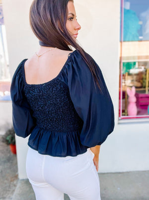 Black Popcorn Smocking Blouse