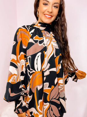 Black Printed Mock Turtle Neck Blouse