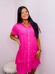 Fuchsia Button Down Mini Dress