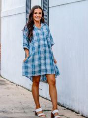 Blue and white striped dress