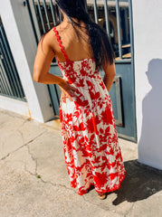 Red Floral Print Midi Dress