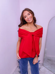 Red Bow Accented Off The Shoulder Top