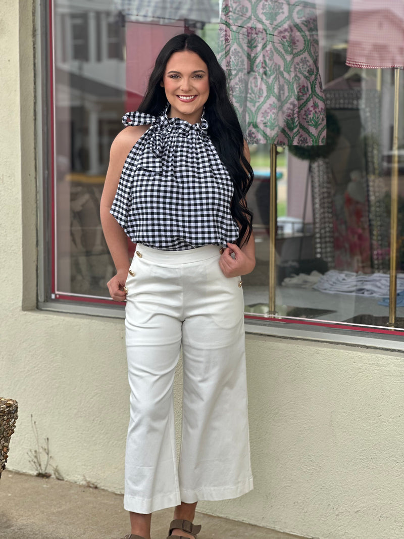 Black Seersucker Gingham Ruffle Tie Neck Top
