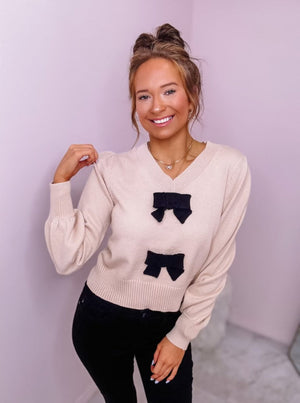 V Neck Sweater with Black Bows