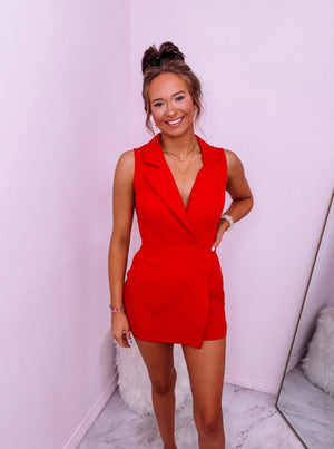 Red Sleeveless Blazer Romper