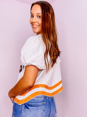 Gameday Curved Sequins Orange Hem Shirt