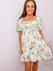 Green Floral Print Babydoll Dress