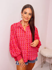 Hot Pink Printed Bubble Sleeve Blouse