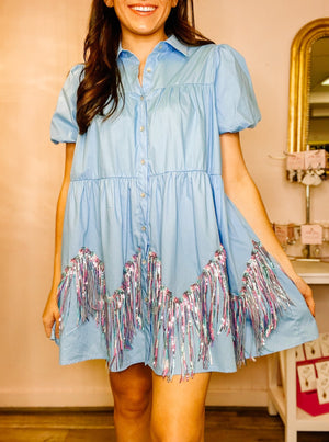 Tiered Mini Dress With Zigzagged Fringe Detail