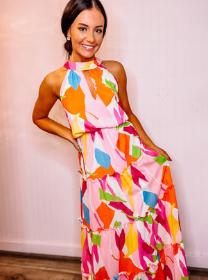 Multi Color Abstract Print Maxi Dress