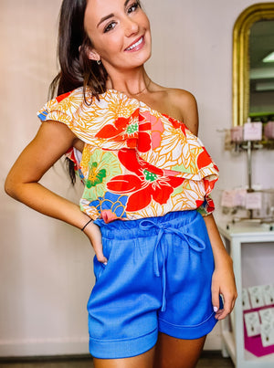 Floral Print One Shoulder Ruffled Top