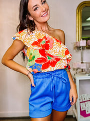 Floral Print One Shoulder Ruffled Top