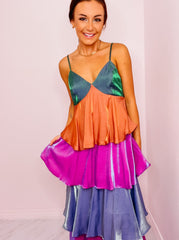 Iridescent Green/Purple tiered colorblock maxi dress