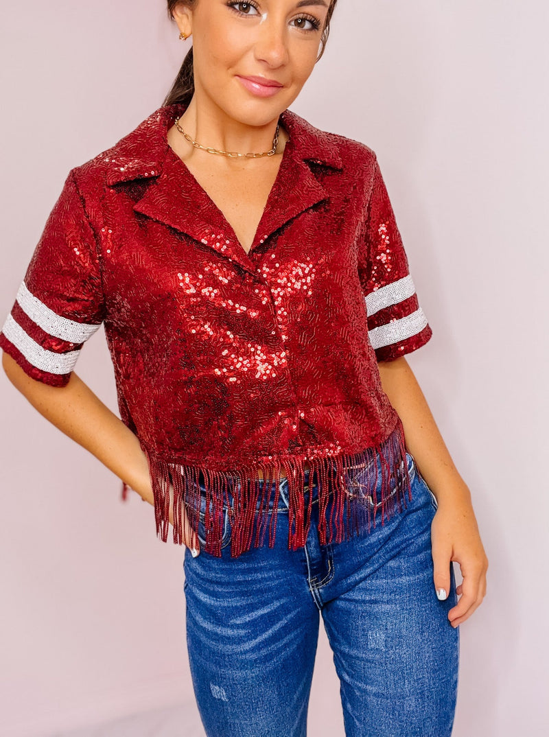 MSU Maroon Sequined Cropped Football Jersey