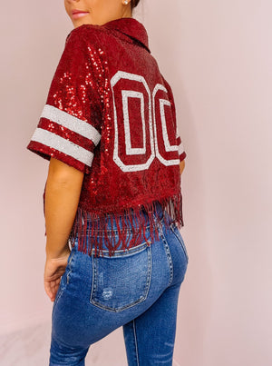 Maroon Sequined Cropped Football Jersey with Fringe