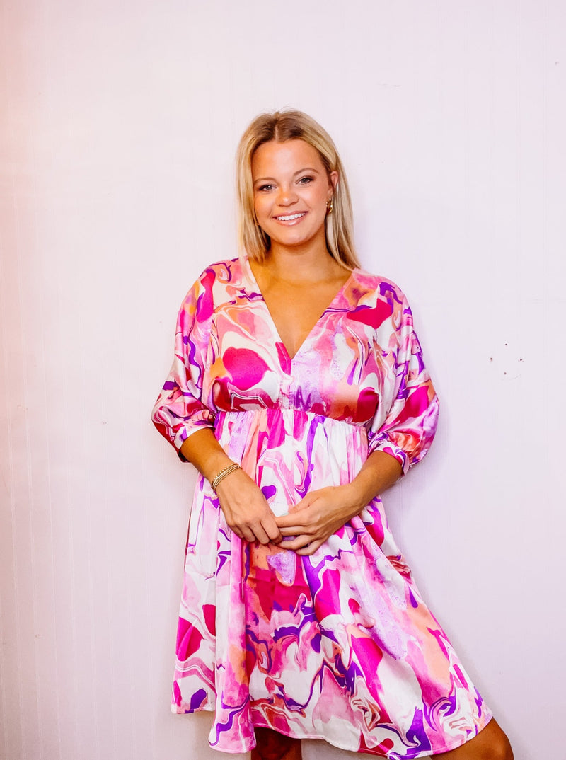 Swirl 3/4 Bubble Sleeves V Neck Dress