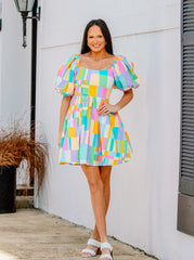 Multi Pastel Poplin Puff Sleeve Dress