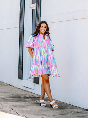 Multicolor Poplin Puff Sleeve Shirt Dress