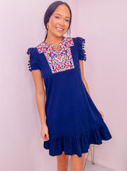 Navy Pom Pom Shoulder Embroidered Dress