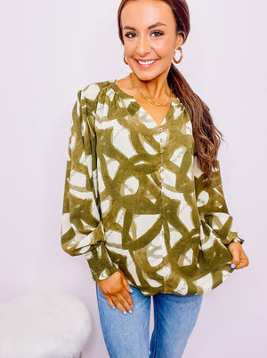 Olive Printed Long Sleeve Top