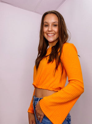 Orange Drawstring Top with Bell Sleeves