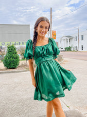 Green Satin Organza Half Sleeve Mini Dress