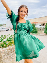 Green Organza Half Sleeve Mini Dress