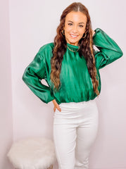 Green Satin Round Neck Bubble Hem Top