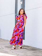 Ruffle Neck Printed Poplin Midi Dress