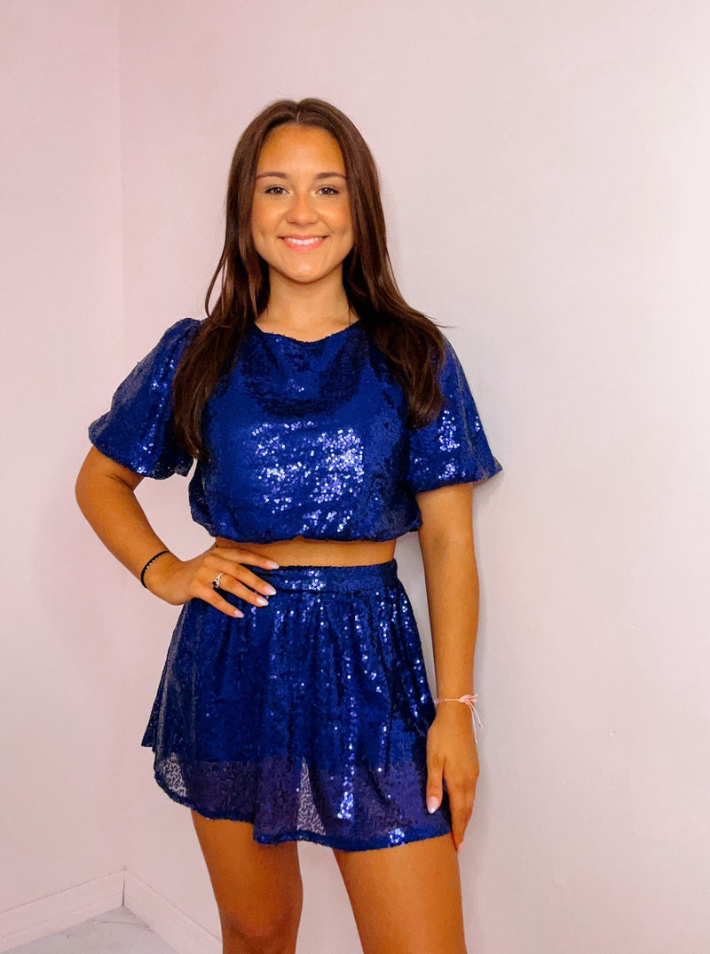 Navy Sequined Flared Mini Skort