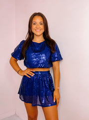 Navy Sequined Flared Mini Skort