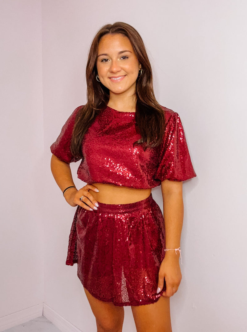 Maroon Sequined Flared Mini Skort