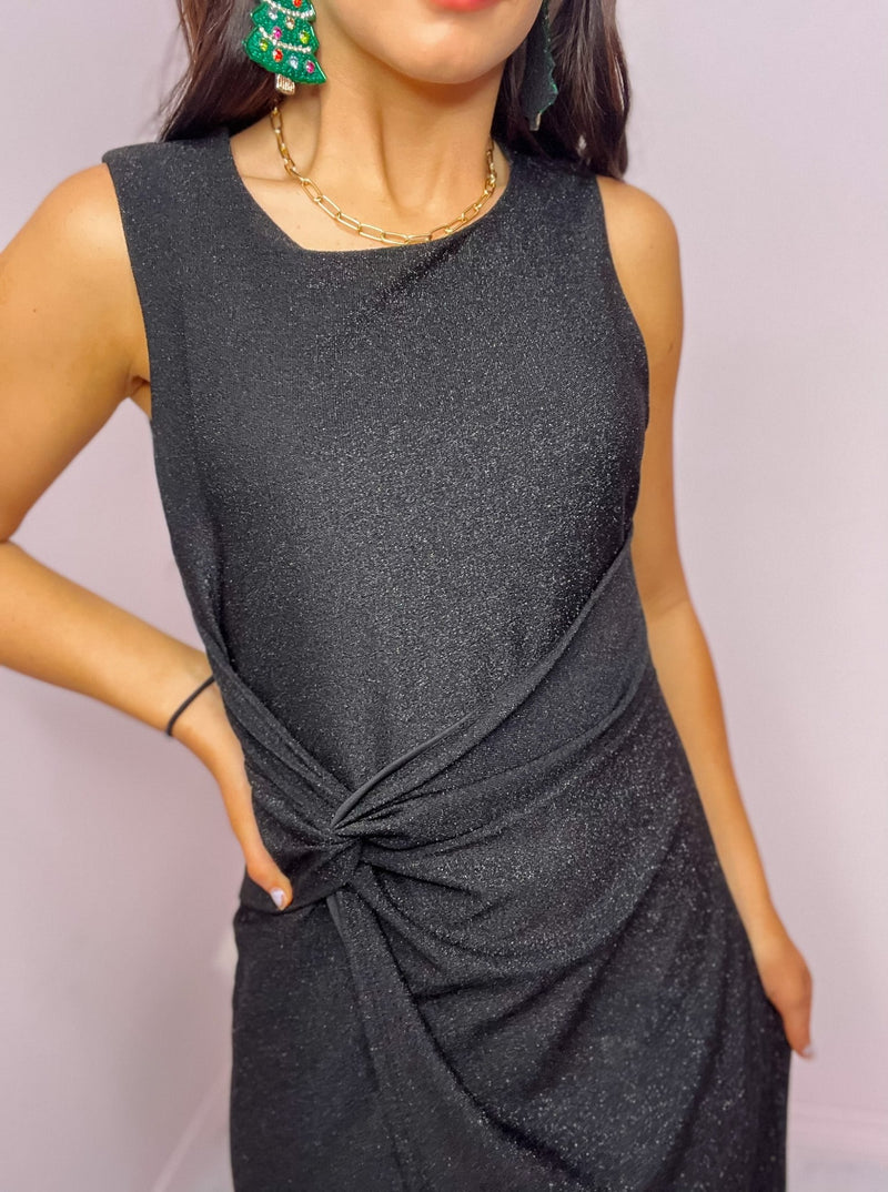 Black Sleeveless Twist Wrap Midi Dress