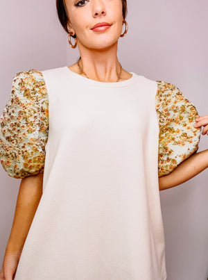 Textured Top with Floral Jacquard Sleeves