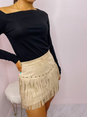 Brown Tiered Fringe Mini Skirt
