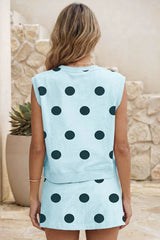 Baby Blue Polka Dot Print Tank Split Mini Skort 2pcs Set|S-4X