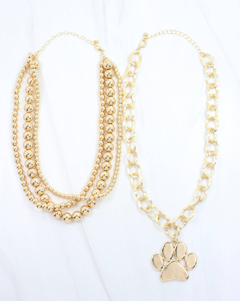Bree Beaded Layered Necklace Paw Print Gold