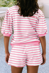 Pink Stripe Spring Puff Sleeve Shirt Matching Shorts Set|