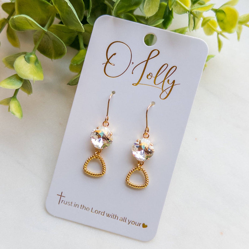 Clear Stone w/Gold Textured Shaped Dangle Earrings - Zoe
