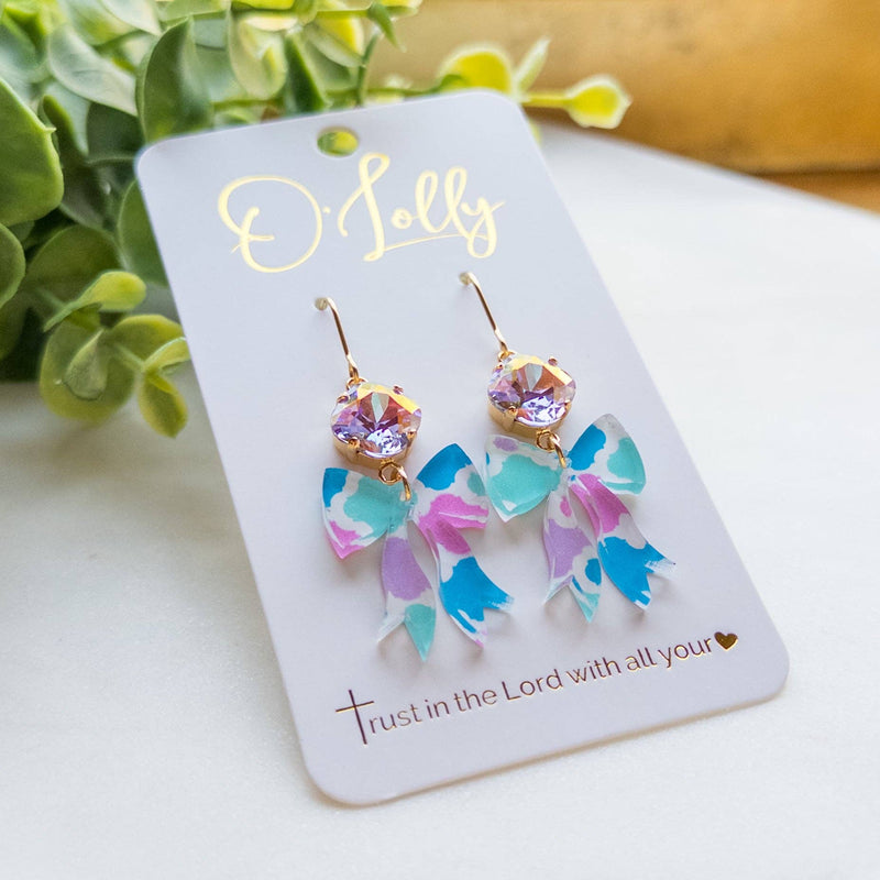 Multicolored Acrylic Bow Dangle Earrings w/Purple Stone - “Addy”