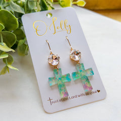 Clear Stone w/Aqua, Green & Pink Shaded Acrylic Cross “Gabby”