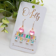 Pink Stone w/Multicolored Bunny Print Bow Dangle Earrings - Easter 3