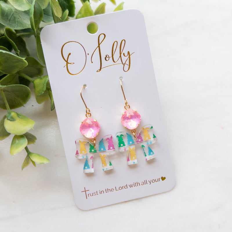 Pink Stone w/Multicolored Bunny Print Bow Dangle Earrings - Easter 3