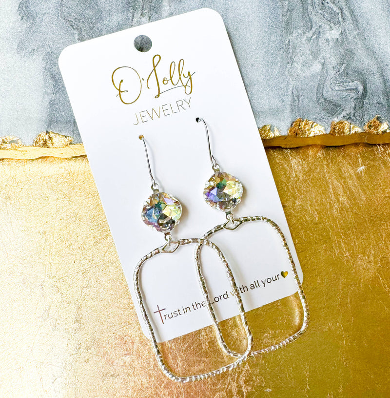 O’Lolly “Sarah” Earrings- Clear Stone w/Gold Textured Rectangle