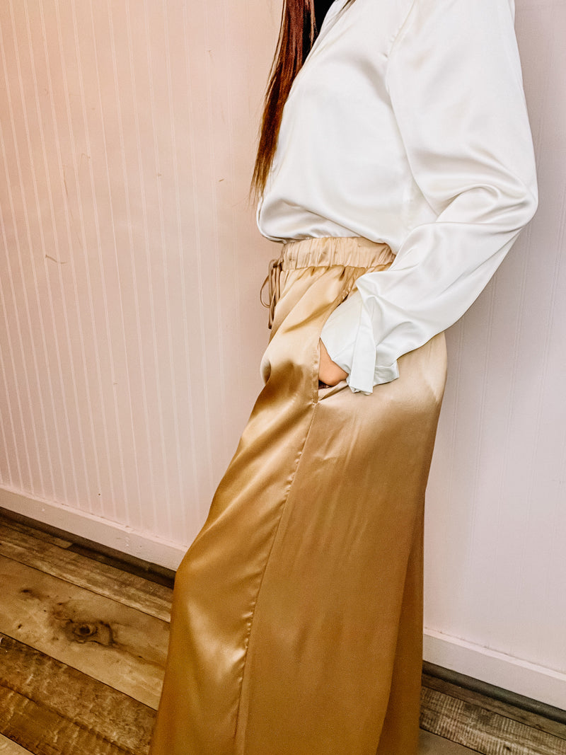 Satin taupe wide leg pants 